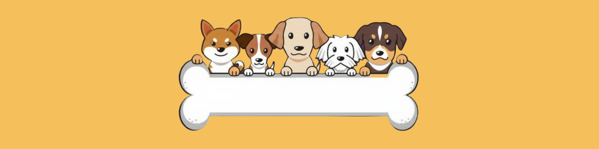 Five cartoon dogs sitting on a bone-shaped sign with a purple background